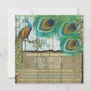Rustic Country Peacock Vintage 3 Feathers Old Wood Invitation