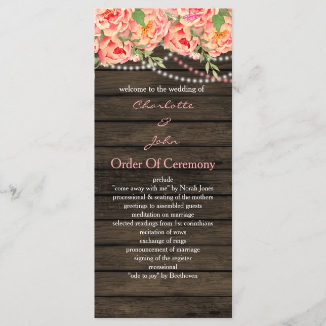 Rustic Country Peony Barn Wood Wedding Program (Front)