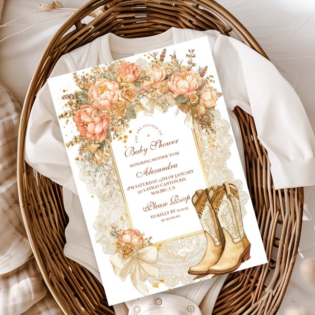 Rustic Country Peony Boots Baby Shower Invitation (Creator Uploaded)