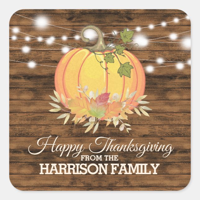 Rustic Country Personalised Happy Thanksgiving Square Sticker (Front)