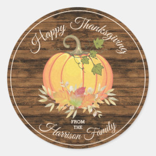 Rustic Country Personalised Happy Thanksgivng Classic Round Sticker