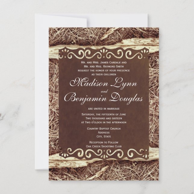 Rustic Country Pine Needles Camo Wedding Invites (Front)