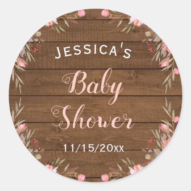 Rustic Country Pink Baby Girl Shower Guest Favour Classic Round Sticker (Front)
