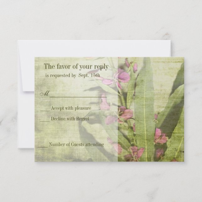 Rustic Country Pink Fireweed Wedding RSVP Cards (Front)