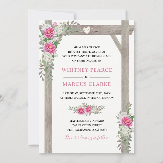 Rustic Country Pink Floral Arch Formal Wedding Invitation (Front)