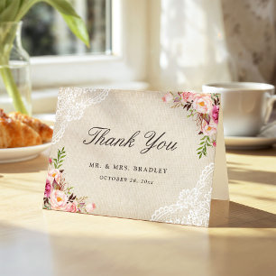 Rustic Country Pink Floral Burlap Lace Thank You Card