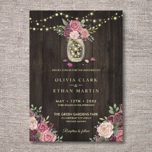 Rustic Country Pink Floral Mason Jars Dark Wood Invitation