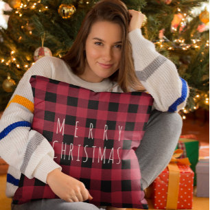Rustic Country Plaid Merry Christmas Cushion