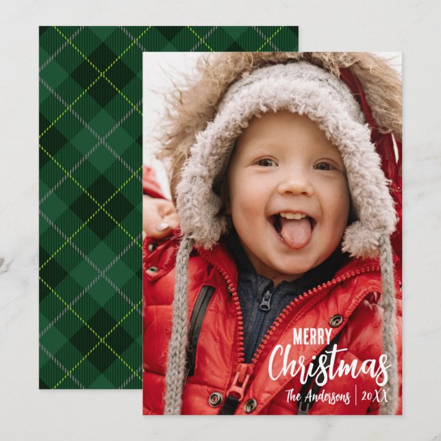 Rustic Country Plaid Merry Christmas Family Photo Holiday Card (Front/Back)