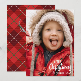 Rustic Country Plaid Merry Christmas Family Photo Holiday Card