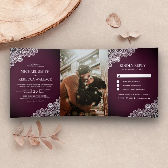 Rustic Country Plum Purple Wood Lace Wedding Photo Tri-Fold Invitation (Creator Uploaded)