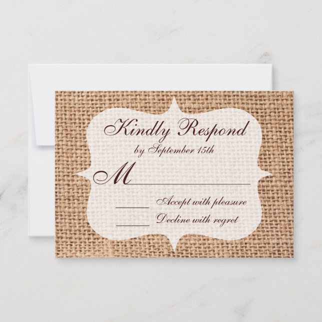 Rustic Country Printed Burlap Wedding RSVP Cards (Front)