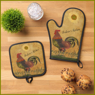Rustic Country Proud Rooster Personalised Name Oven Mitt & Pot Holder Set