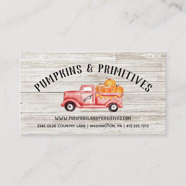 Rustic Country Pumpkin Farmhouse Wood Business Card (Front)