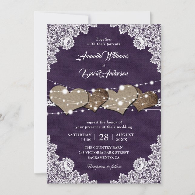 Rustic Country Purple Burlap Lace Wedding Invitation (Front)