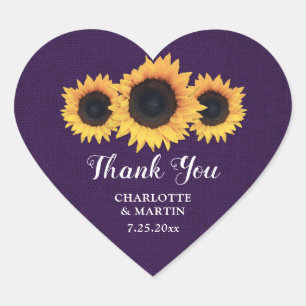 Rustic Country Purple Burlap Sunflower Thank You Heart Sticker