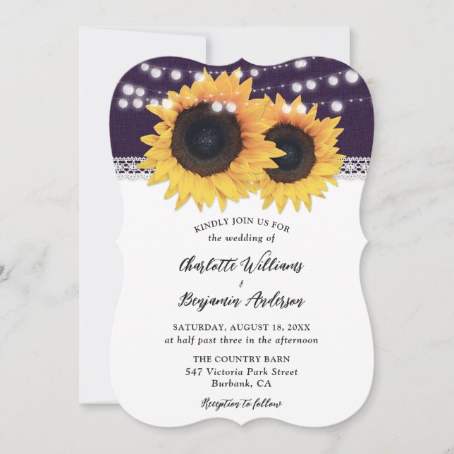 Rustic Country Purple Burlap Sunflower Wedding Invitation (Front)