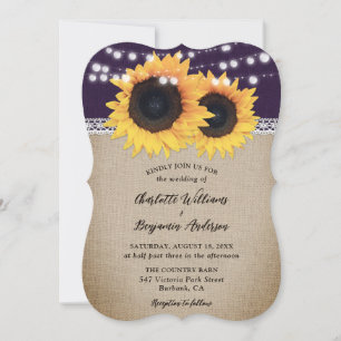 Rustic Country Purple Burlap Sunflower Wedding Invitation