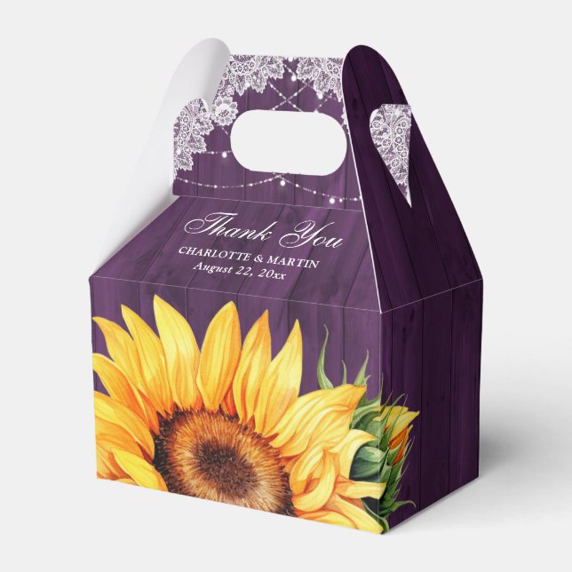 Rustic Country Purple Wood Sunflower Wedding Favour Box (Front Side)