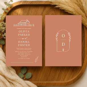 Rustic Country Ranch Line Art Terracotta Wedding Invitation