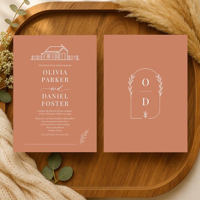 Rustic Country Ranch Line Art Terracotta Wedding Invitation (Creator Uploaded)