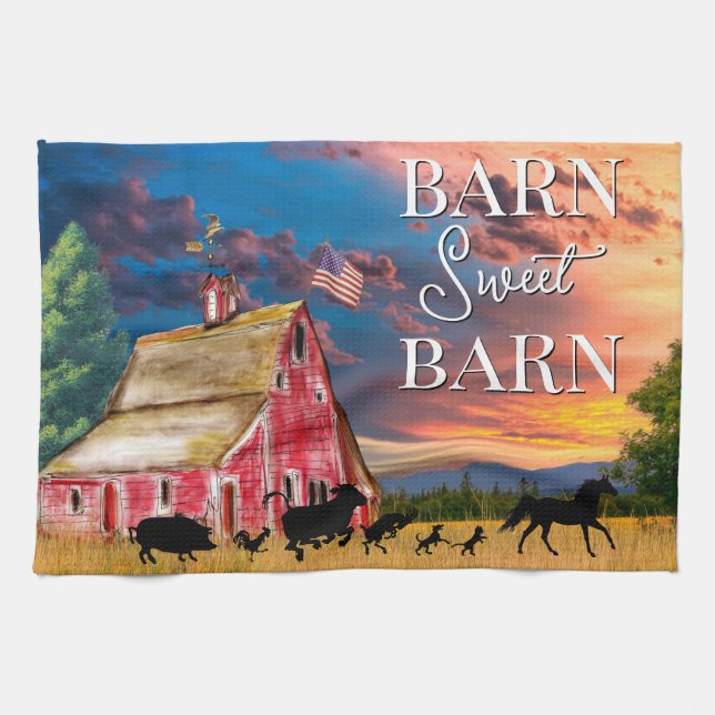 Rustic Country Red Barn with Animals Tea Towel (Horizontal)