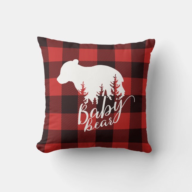 Rustic Country Red & Black Flannel Baby Bear Cushion (Front)
