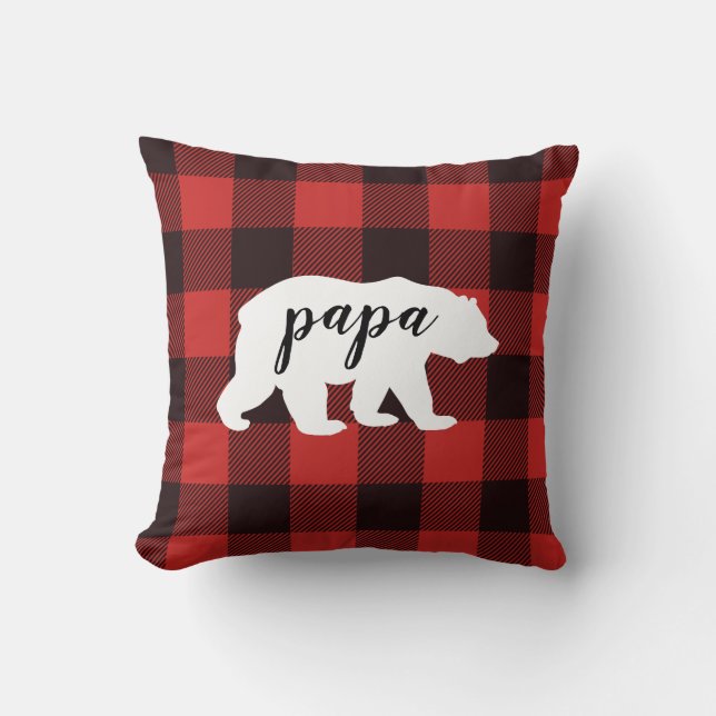 Rustic Country Red & Black Flannel Papa Bear Cushion (Front)