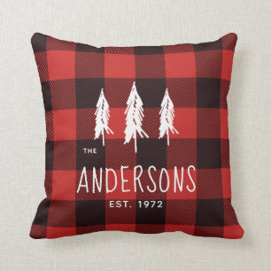 Rustic Country Red & Black Flannel Plaid Monogram Cushion