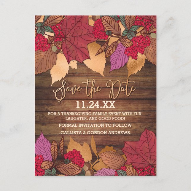 Rustic Country Red Brown Fall Leaves Thanksgiving Announcement Postcard (Front)