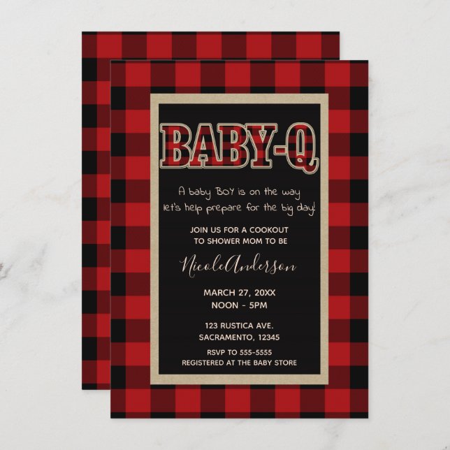 Rustic Country Red Buffalo Plaid BABY Q BBQ Shower Invitation (Front/Back)