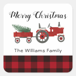 Rustic Country Red Buffalo Plaid Christmas Round   Square Sticker