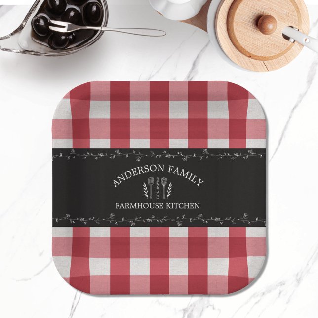 Rustic Country Red Gingham Black Chalkboard Paper Plate (In situ)