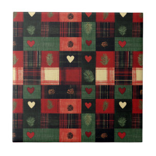 Rustic Country Red Green Plaid Hearts Kitchen Ceramic Tile