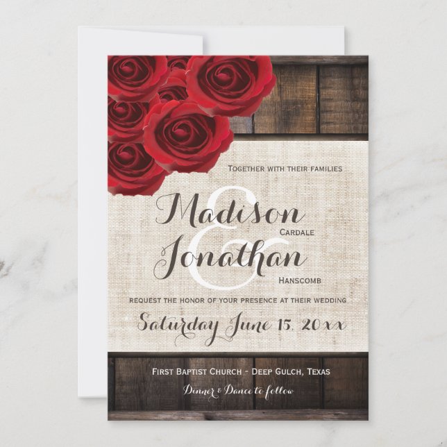 Rustic Country Red Roses Wood Wedding Invitations (Front)