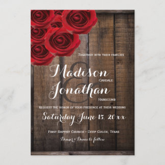 Rustic Country Red Roses Wood Wedding Invitations