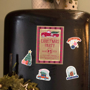 Rustic Country Red Truck Flannel Christmas Party Magnetic Invitation