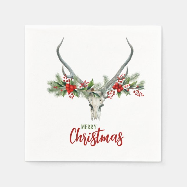 Rustic Country Reindeer Skull & Garland Christmas Napkin (Front)