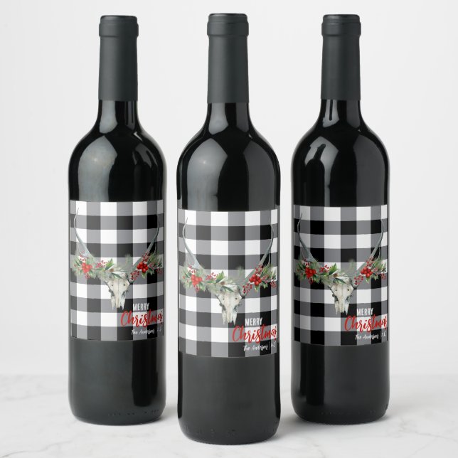 Rustic Country Reindeer Skull & Garland Christmas Wine Label (Bottles)