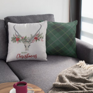 Rustic Country Reindeer Skull Plaid Christmas Cushion