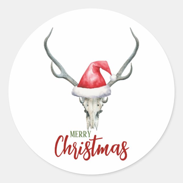 Rustic Country Reindeer Skull & Santa Ha Christmas Classic Round Sticker (Front)