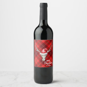 Rustic Country Reindeer Skull & Santa Ha Christmas Wine Label