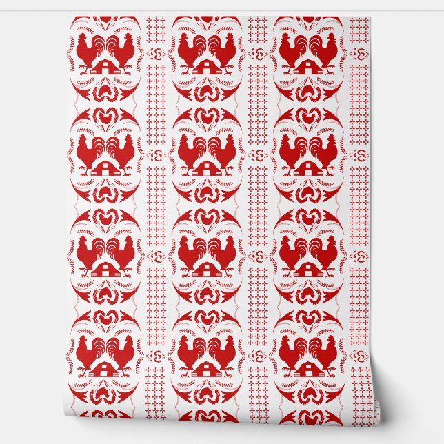 Rustic Country Rooster and Barn Pattern Red White Wallpaper (Unrolling)