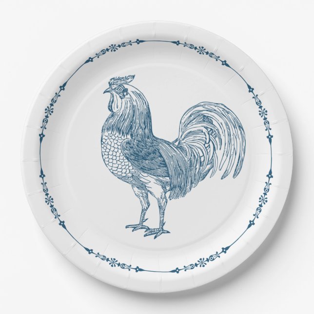 Rustic Country Rooster Blue Paper Plates (Front)