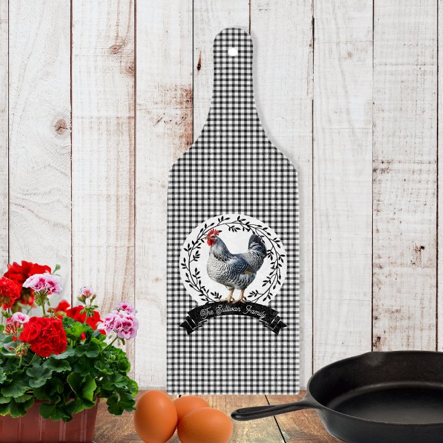 Rustic Country Rooster Chicken BW Gingham Checks Cutting Board (Rustic Country Rooster Chicken Black and White Gingham Checks Family Name Script Text Cutting Board)