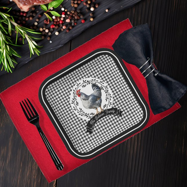 Rustic Country Rooster Chicken BW Gingham Checks Paper Plate (Rustic Country Rooster Chicken Black and White Gingham Checks Farm Family Name 9" Paper Plates)