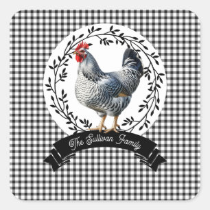 Rustic Country Rooster Chicken BW Gingham Checks Square Sticker
