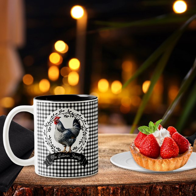 Rustic Country Rooster Chicken BW Gingham Checks Two-Tone Coffee Mug (Rustic Country Rooster Chicken Black and White Gingham Checks Farm Family Name Two-Tone Coffee Mug)