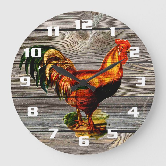 Rustic Country Rooster Kitchen Large Clock (Front)