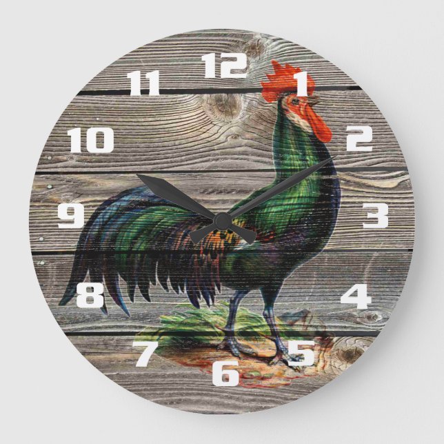 Rustic Country Rooster Kitchen Large Clock (Front)